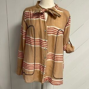 Rag & Bone Jane Beige Stripe Silk Blend Roll Tab Button Down Shirt Size 8